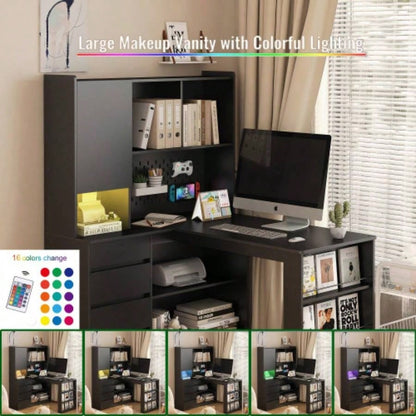 L Shaped Desk, Computer Desk with Drawers, Bookshelf, with LED Light, Modern Corner Desk, Home Office Desk, L - Shaped Study Table Writing Desk, Corner Gaming Computer Desk with Storage