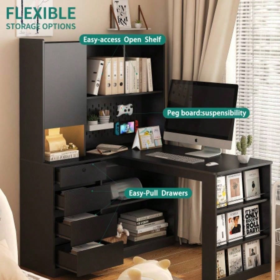 L Shaped Desk, Computer Desk with Drawers, Bookshelf, with LED Light, Modern Corner Desk, Home Office Desk, L - Shaped Study Table Writing Desk, Corner Gaming Computer Desk with Storage