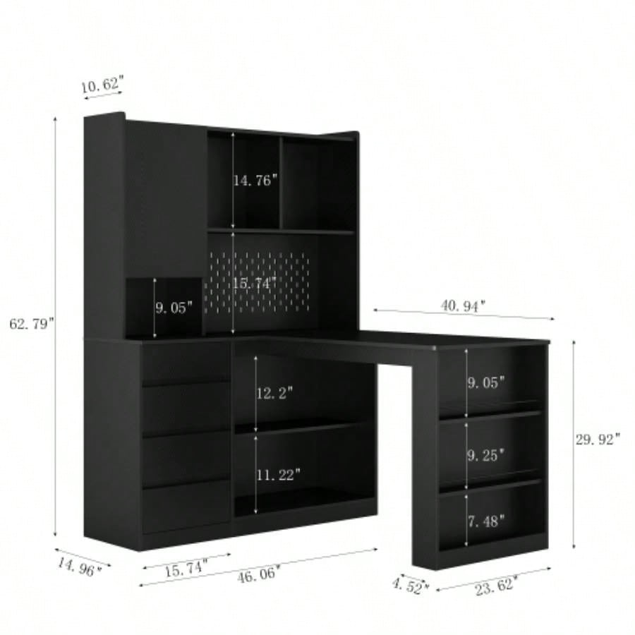 L Shaped Desk, Computer Desk with Drawers, Bookshelf, with LED Light, Modern Corner Desk, Home Office Desk, L - Shaped Study Table Writing Desk, Corner Gaming Computer Desk with Storage