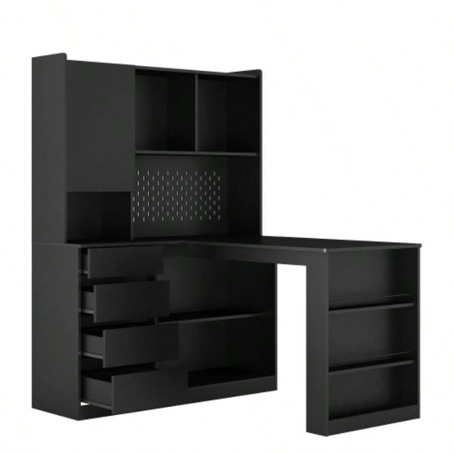 L Shaped Desk, Computer Desk with Drawers, Bookshelf, with LED Light, Modern Corner Desk, Home Office Desk, L - Shaped Study Table Writing Desk, Corner Gaming Computer Desk with Storage