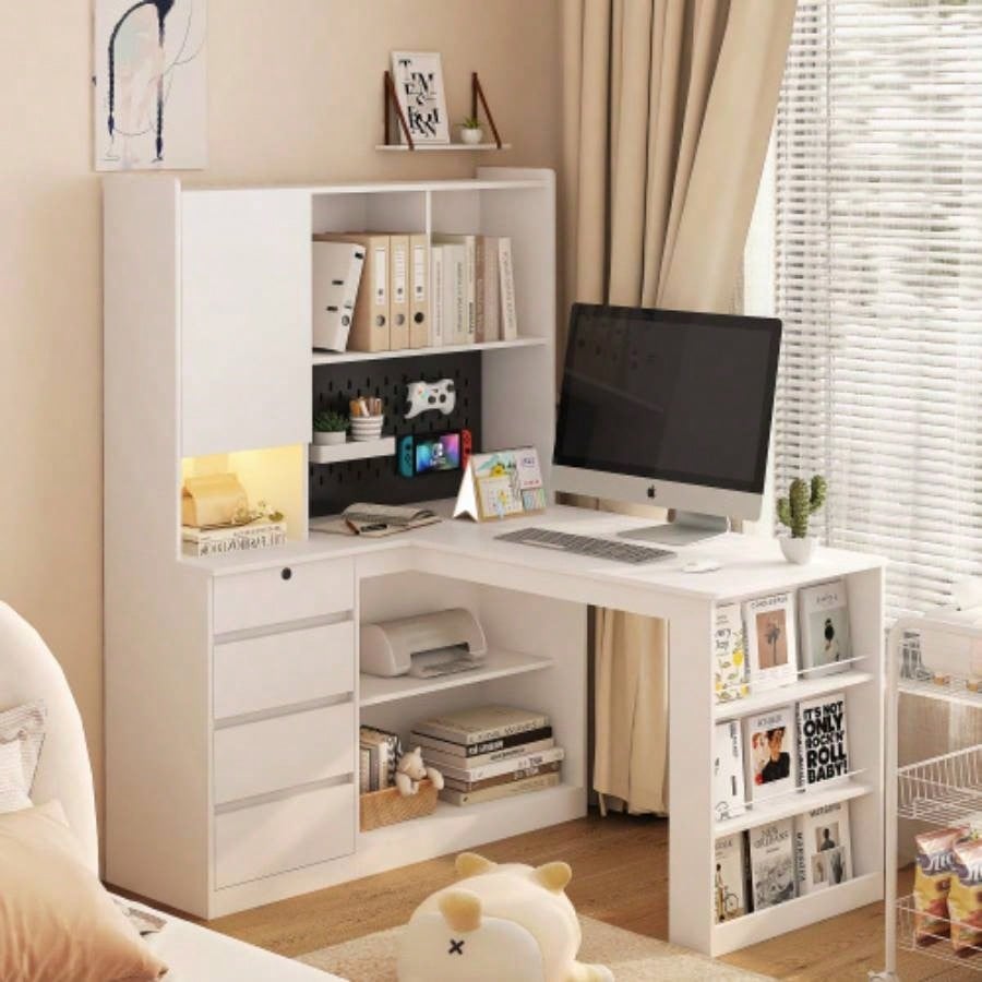 L Shaped Desk, Computer Desk with Drawers, Bookshelf, with LED Light, Modern Corner Desk, Home Office Desk, L - Shaped Study Table Writing Desk, Corner Gaming Computer Desk with Storage