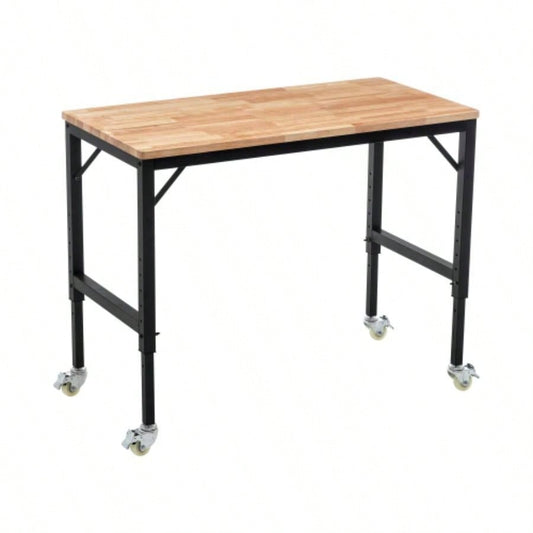 48 Heavy - Duty Adjustable Workbench Garage, Rubber Wood shop table/Metal Wheels, Hardwood Workstation Weight Capacity over 2000 Lbs with Wheels