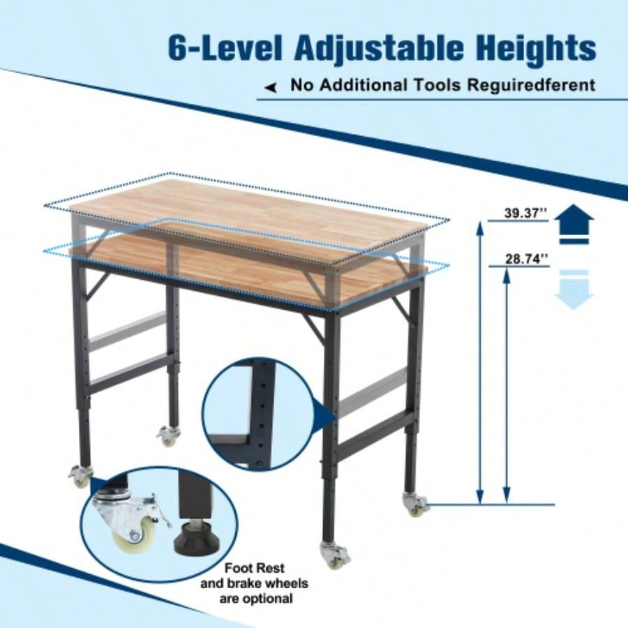 48 Heavy - Duty Adjustable Workbench Garage, Rubber Wood shop table/Metal Wheels, Hardwood Workstation Weight Capacity over 2000 Lbs with Wheels