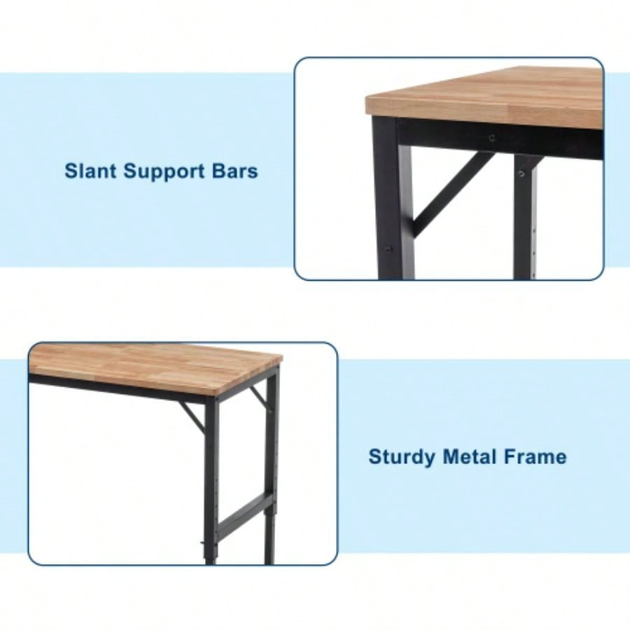 48 Heavy - Duty Adjustable Workbench Garage, Rubber Wood shop table/Metal Wheels, Hardwood Workstation Weight Capacity over 2000 Lbs with Wheels