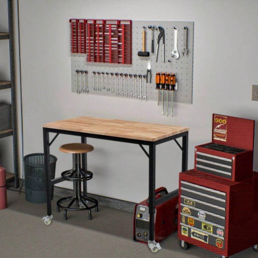 48 Heavy - Duty Adjustable Workbench Garage, Rubber Wood shop table/Metal Wheels, Hardwood Workstation Weight Capacity over 2000 Lbs with Wheels