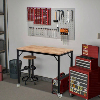 48 Heavy - Duty Adjustable Workbench Garage, Rubber Wood shop table/Metal Wheels, Hardwood Workstation Weight Capacity over 2000 Lbs with Wheels