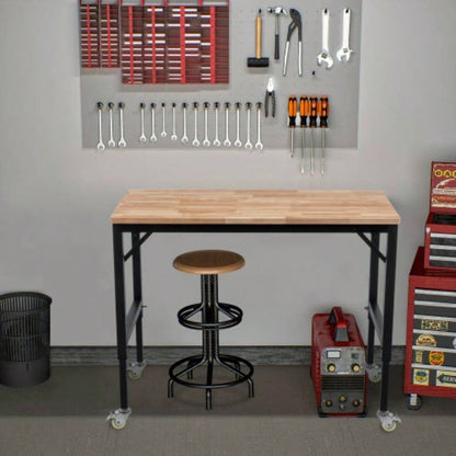 48 Heavy - Duty Adjustable Workbench Garage, Rubber Wood shop table/Metal Wheels, Hardwood Workstation Weight Capacity over 2000 Lbs with Wheels
