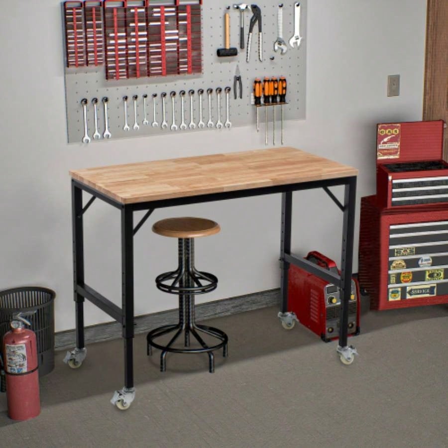 48 Heavy - Duty Adjustable Workbench Garage, Rubber Wood shop table/Metal Wheels, Hardwood Workstation Weight Capacity over 2000 Lbs with Wheels