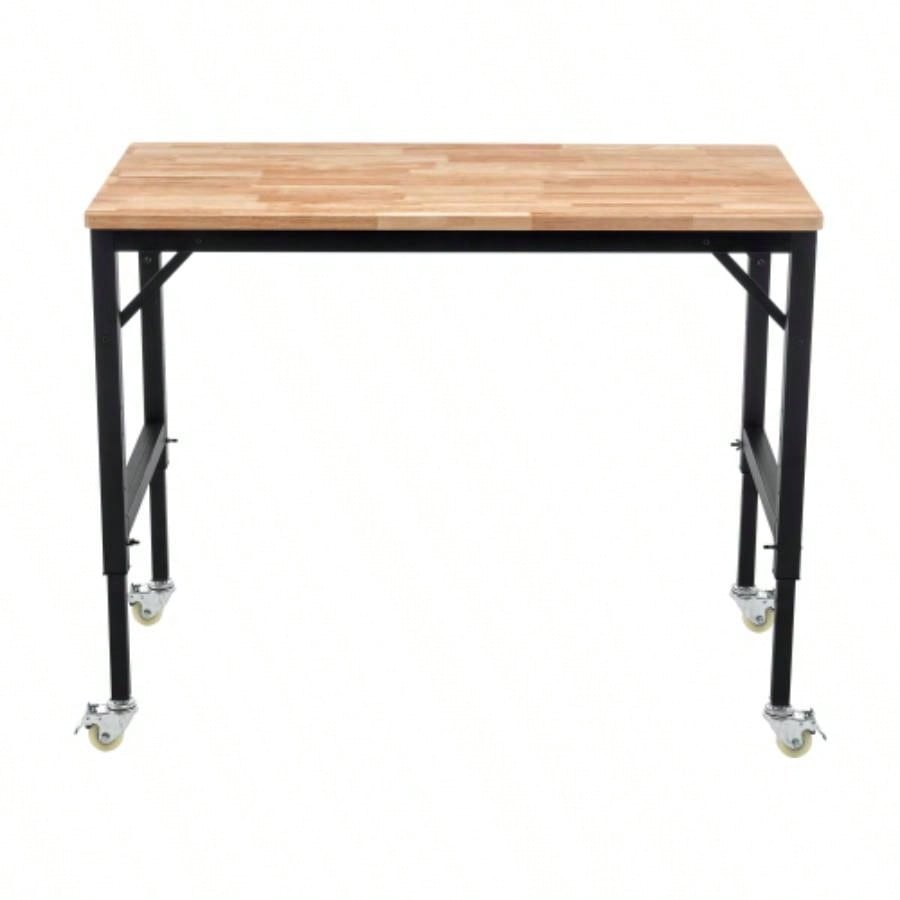 48 Heavy - Duty Adjustable Workbench Garage, Rubber Wood shop table/Metal Wheels, Hardwood Workstation Weight Capacity over 2000 Lbs with Wheels