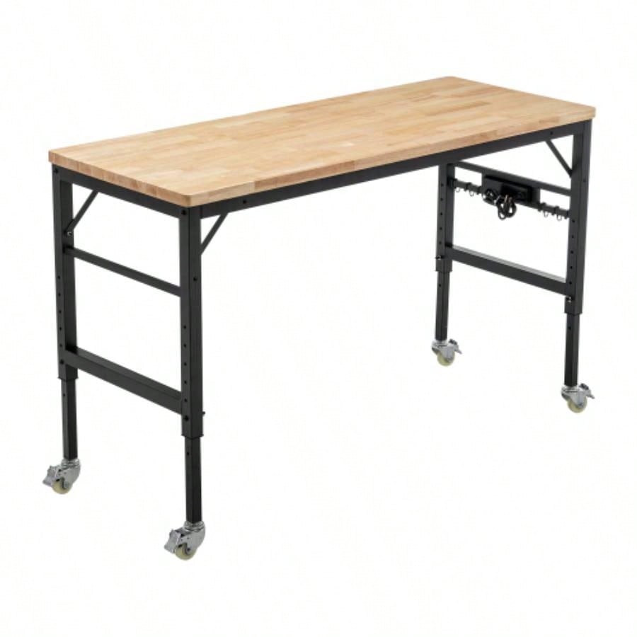 48 Heavy - Duty Adjustable Workbench Garage, Rubber Wood shop table/Metal Wheels, Hardwood Workstation Weight Capacity over 2000 Lbs with Wheels