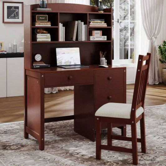 Vintage 40 Home Executive Desk and Upholstered Chair Set with Bookshelf, Computer Desk with Four Drawers, Storage Shelf, and Chair, Office or Study in Bedroom or Living Room, Espresso