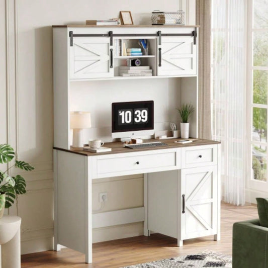 47 Farmhouse Executive Desk with Drawers, Wood Home Office Desk/Charging Station, File Drawer, Storage Cabinet, Rustic Computer Writing Desk. White 47.24x 19.69Dx 67.91H.