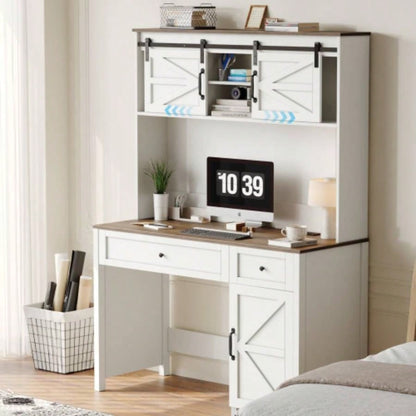 47 Farmhouse Executive Desk with Drawers, Wood Home Office Desk/Charging Station, File Drawer, Storage Cabinet, Rustic Computer Writing Desk. White 47.24x 19.69Dx 67.91H.