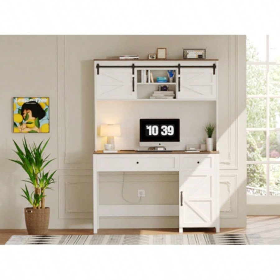 47 Farmhouse Executive Desk with Drawers, Wood Home Office Desk/Charging Station, File Drawer, Storage Cabinet, Rustic Computer Writing Desk. White 47.24x 19.69Dx 67.91H.