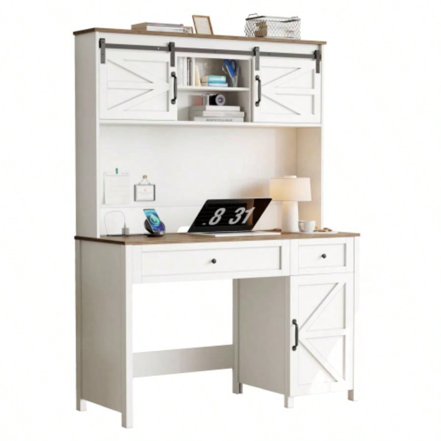 47 Farmhouse Executive Desk with Drawers, Wood Home Office Desk/Charging Station, File Drawer, Storage Cabinet, Rustic Computer Writing Desk. White 47.24x 19.69Dx 67.91H.