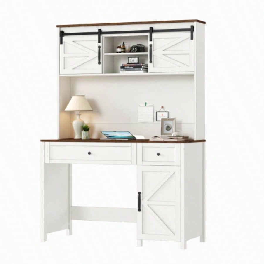 47 Farmhouse Executive Desk with Drawers, Wood Home Office Desk/Charging Station, File Drawer, Storage Cabinet, Rustic Computer Writing Desk. White 47.24x 19.69Dx 67.91H.