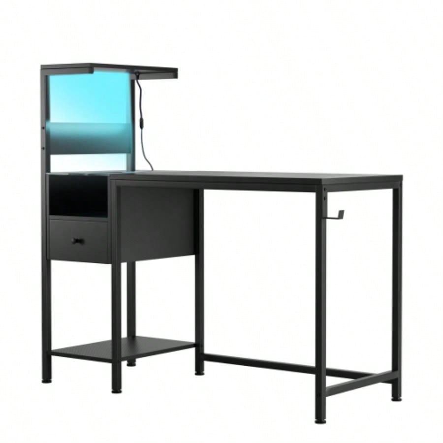 Computer Desk with Power Outlet Storage Shelves, Study Writing Table with USB Ports Charging Station, PC Desk Workstation Home Office, Black
