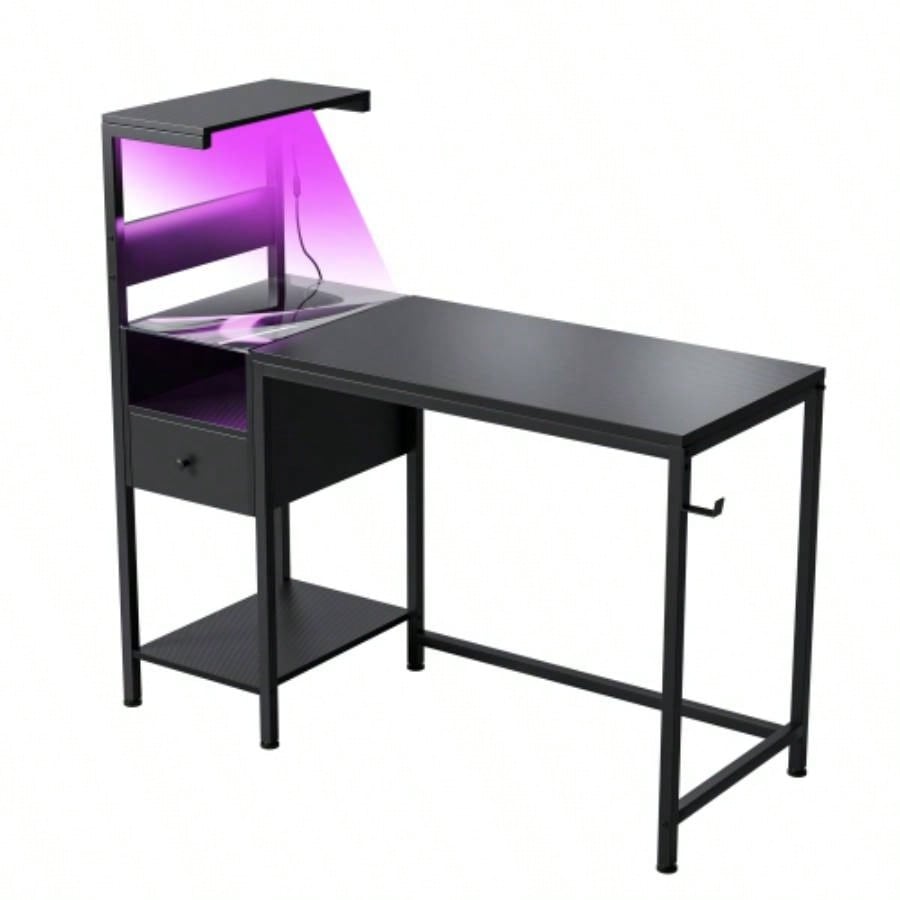 Computer Desk with Power Outlet Storage Shelves, Study Writing Table with USB Ports Charging Station, PC Desk Workstation Home Office, Black
