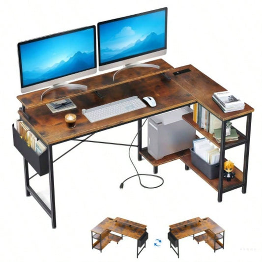 47 Gaming Desk with Power Outlets, Reversible L Shaped Computer Desk with Monitor Stand Storage Shelves, Corner Home Office Desk with Side Bag Home Office, Bedroom, Small Space, Vintage