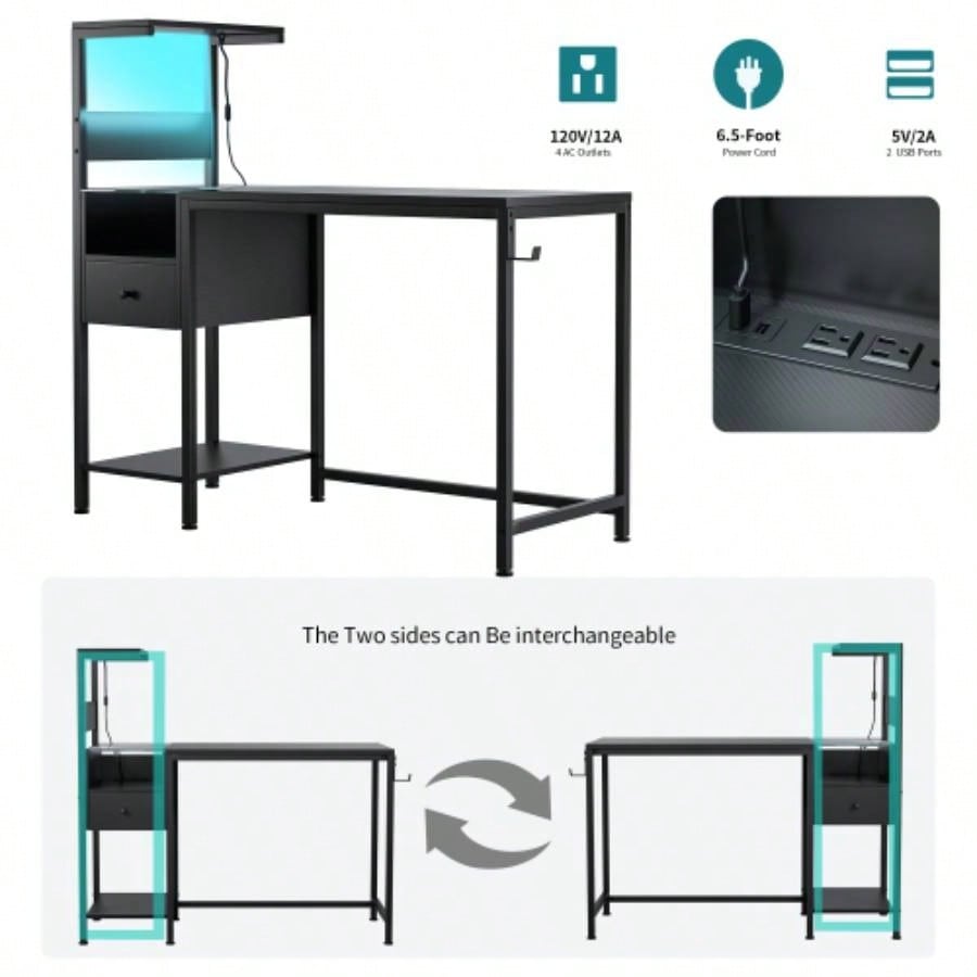 Computer Desk with Power Outlet Storage Shelves, Study Writing Table with USB Ports Charging Station, PC Desk Workstation Home Office, Black