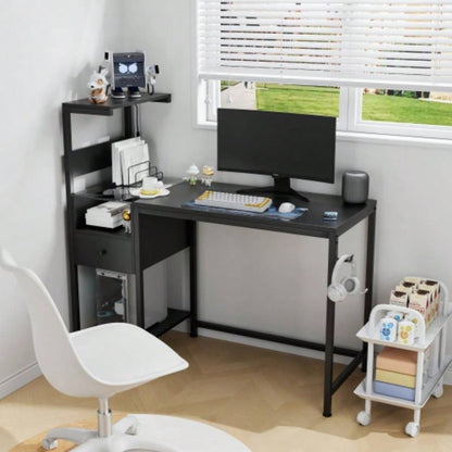 Computer Desk with Power Outlet Storage Shelves, Study Writing Table with USB Ports Charging Station, PC Desk Workstation Home Office, Black