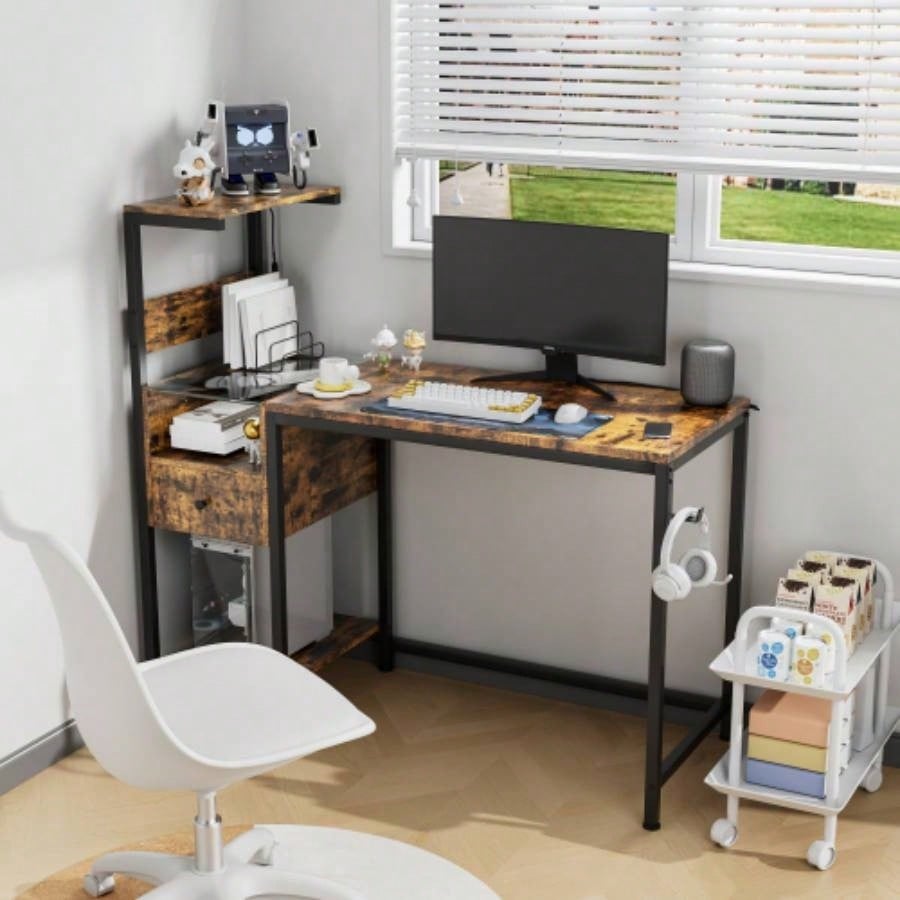 Computer Desk with Power Outlet Storage Shelves, Study Writing Table with USB Ports Charging Station, PC Desk Workstation Home Office, Black