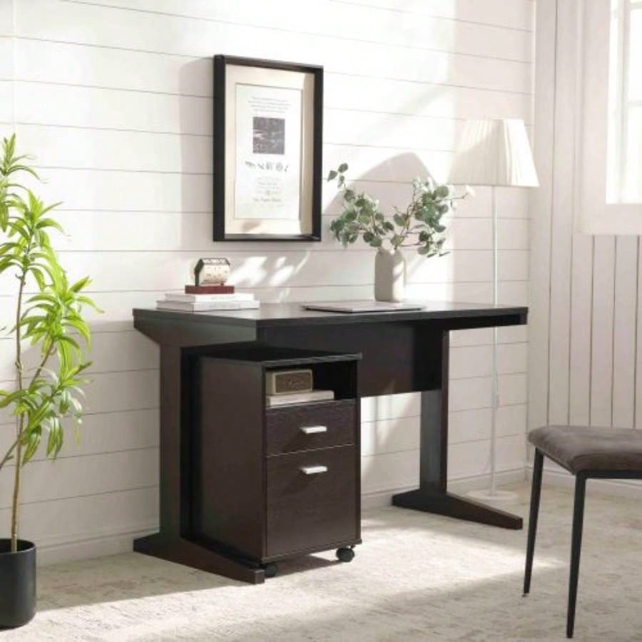 Home office desk with modesty panel and detached file cabinet on locking wheels with two drawers file drawer cubby shelf metal bar handle Red Cocoa color