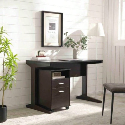Home office desk with modesty panel and detached file cabinet on locking wheels with two drawers file drawer cubby shelf metal bar handle Red Cocoa color