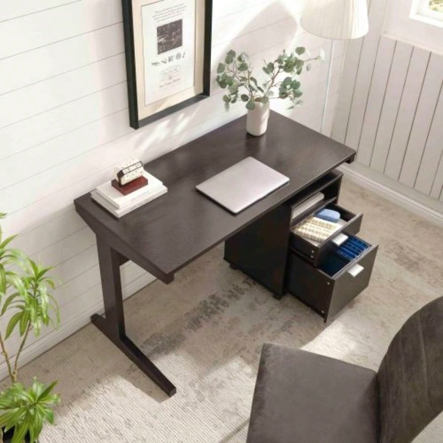 Home office desk with modesty panel and detached file cabinet on locking wheels with two drawers file drawer cubby shelf metal bar handle Red Cocoa color