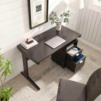 Home office desk with modesty panel and detached file cabinet on locking wheels with two drawers file drawer cubby shelf metal bar handle Red Cocoa color