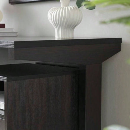 Home office desk with modesty panel and detached file cabinet on locking wheels with two drawers file drawer cubby shelf metal bar handle Red Cocoa color