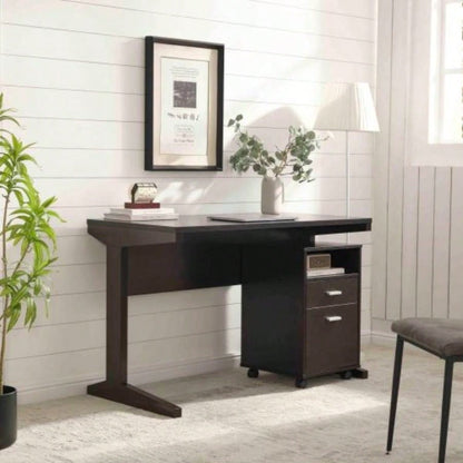 Home office desk with modesty panel and detached file cabinet on locking wheels with two drawers file drawer cubby shelf metal bar handle Red Cocoa color