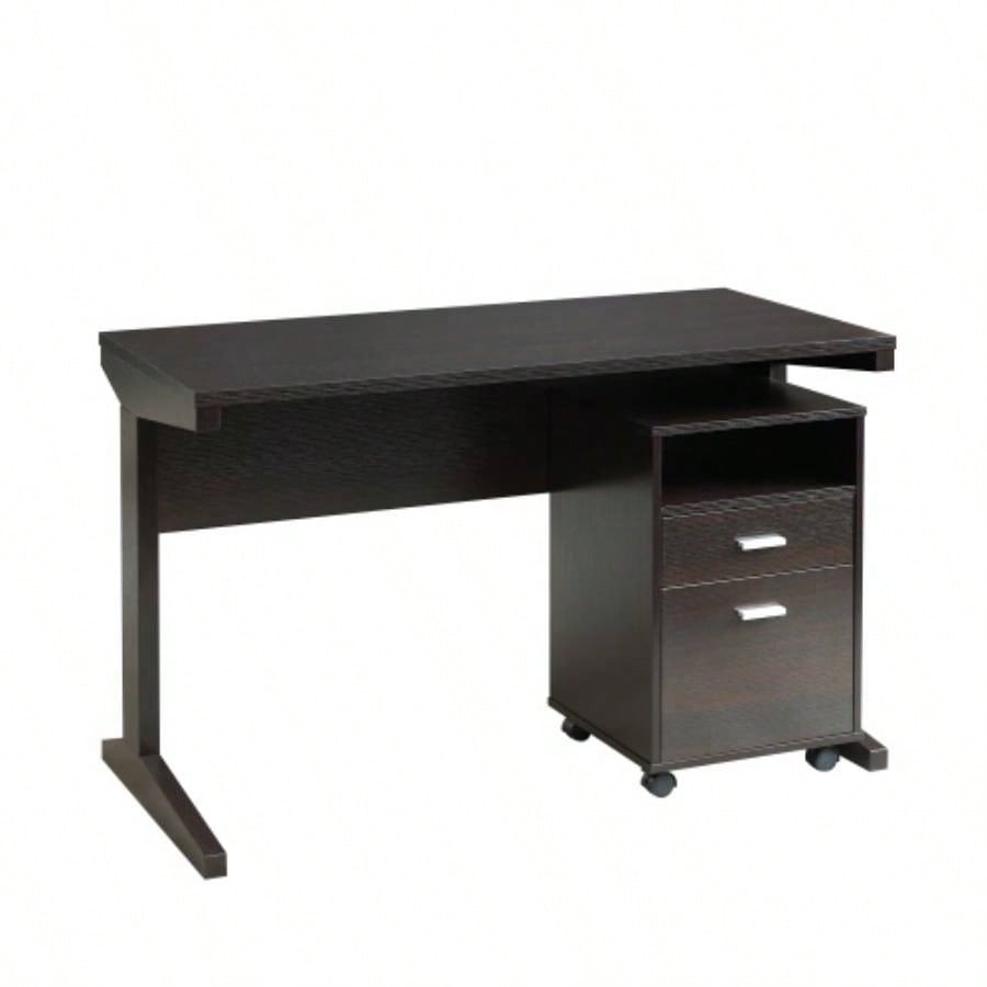 Home office desk with modesty panel and detached file cabinet on locking wheels with two drawers file drawer cubby shelf metal bar handle Red Cocoa color