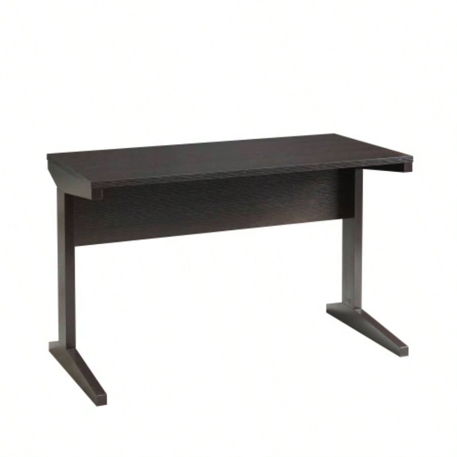 Home office desk with modesty panel and detached file cabinet on locking wheels with two drawers file drawer cubby shelf metal bar handle Red Cocoa color