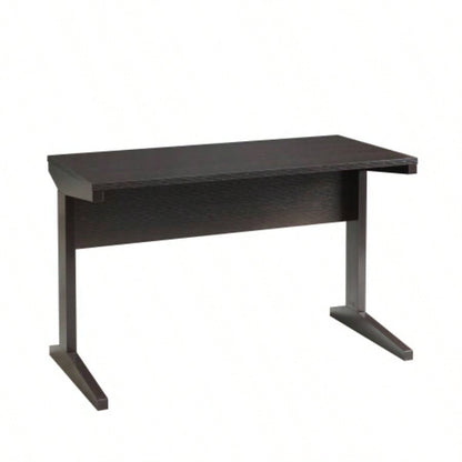 Home office desk with modesty panel and detached file cabinet on locking wheels with two drawers file drawer cubby shelf metal bar handle Red Cocoa color