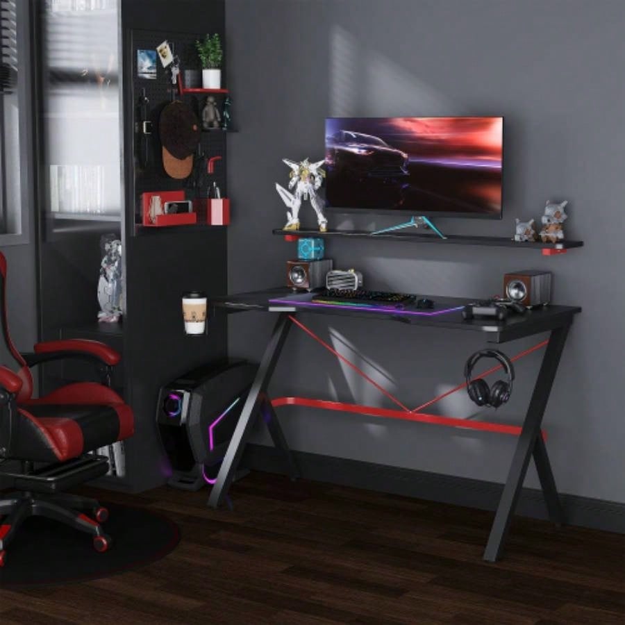 HOMCOM 47 Inch Gaming Desk Racing Computer Desk Home Office Workstation with Elevated Monitor Shelf Rotatable Cup Holder Headphone Hook, Black