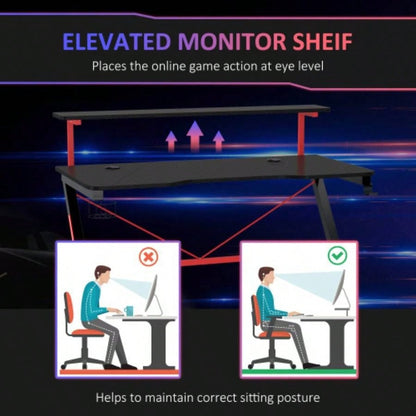 HOMCOM 47 Inch Gaming Desk Racing Computer Desk Home Office Workstation with Elevated Monitor Shelf Rotatable Cup Holder Headphone Hook, Black