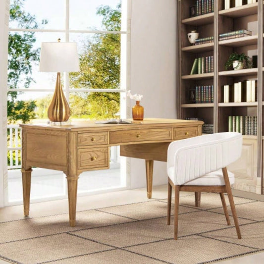 Dauphin Gold Accent 5 - Drawer Wood Executive Desk, Natural Brown Wood