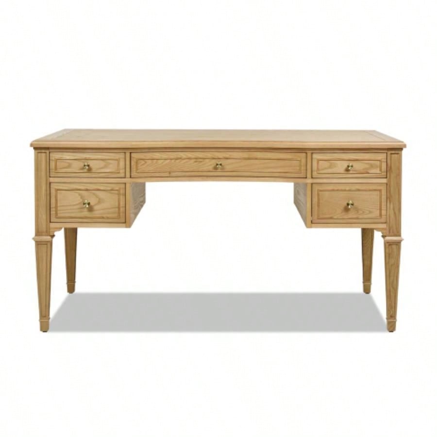 Dauphin Gold Accent 5 - Drawer Wood Executive Desk, Natural Brown Wood