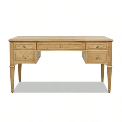 Dauphin Gold Accent 5 - Drawer Wood Executive Desk, Natural Brown Wood