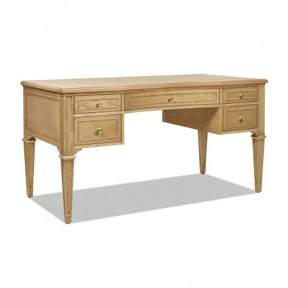 Dauphin Gold Accent 5 - Drawer Wood Executive Desk, Natural Brown Wood