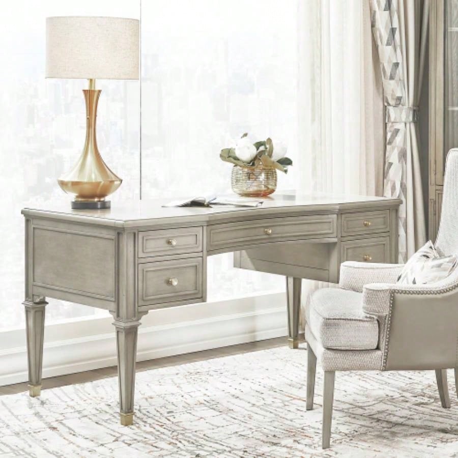 Dauphin Gold Accent 5 - Drawer Wood Executive Desk, Natural Brown Wood