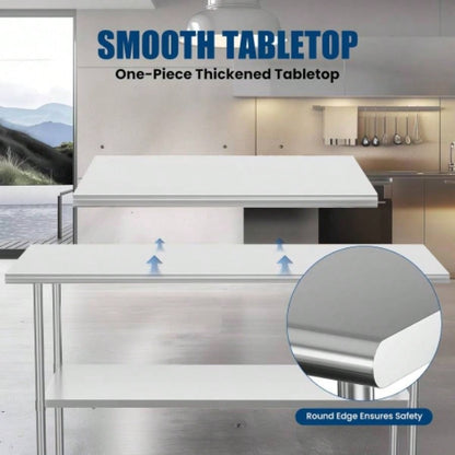 Stainless Steel Table 24x 60 Inches Metal Prep Table with Adjustable Undershelf, Stainless Table Commercial Kitchen, Outdoor, Restaurant, Hotel Garage