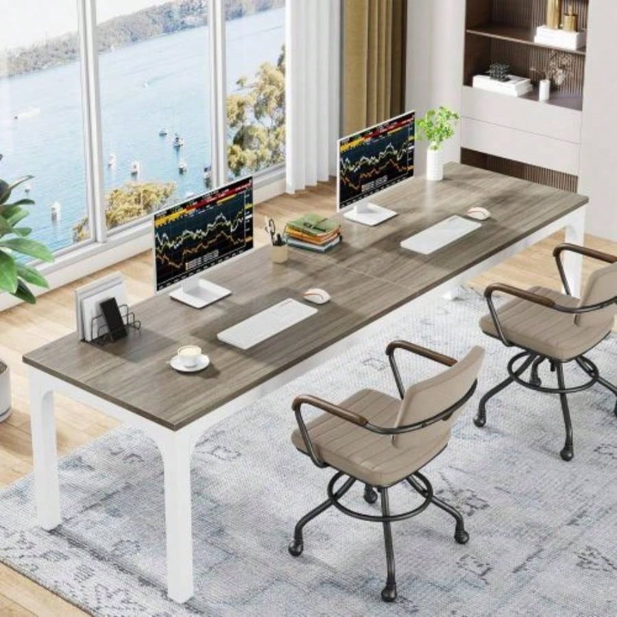 78. Long 2 - Person Computer Desk, Double Workstation Home Office, Modern Collaborative Desk with Heavy - Duty Steel, Oak White