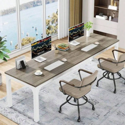 78. Long 2 - Person Computer Desk, Double Workstation Home Office, Modern Collaborative Desk with Heavy - Duty Steel, Oak White