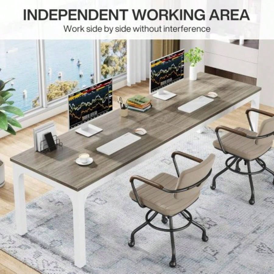 78. Long 2 - Person Computer Desk, Double Workstation Home Office, Modern Collaborative Desk with Heavy - Duty Steel, Oak White