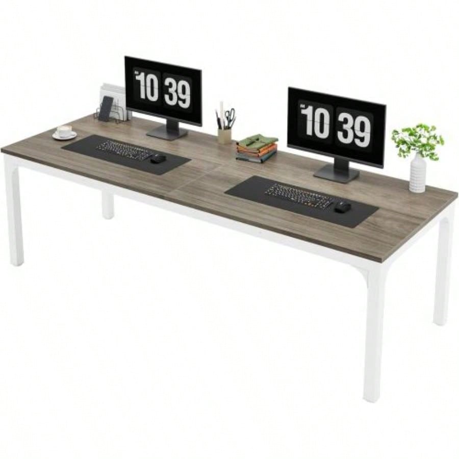 78. Long 2 - Person Computer Desk, Double Workstation Home Office, Modern Collaborative Desk with Heavy - Duty Steel, Oak White