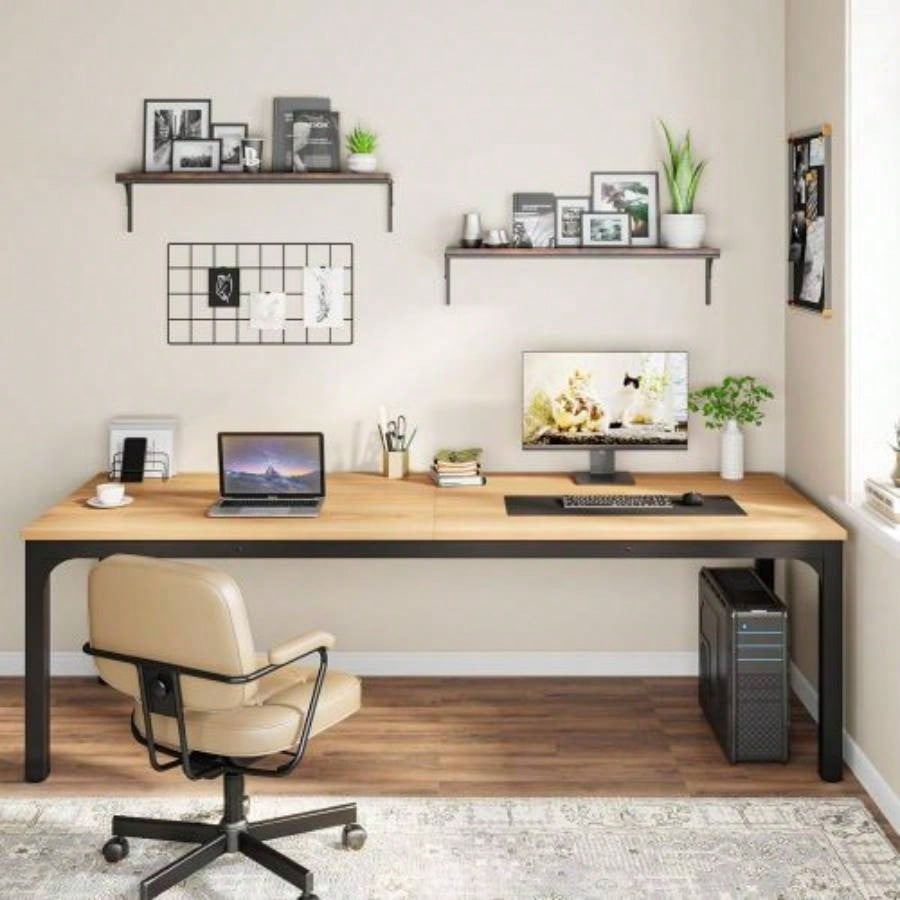 78. Long 2 - Person Computer Desk, Double Workstation Home Office, Modern Collaborative Desk with Heavy - Duty Steel, Oak White