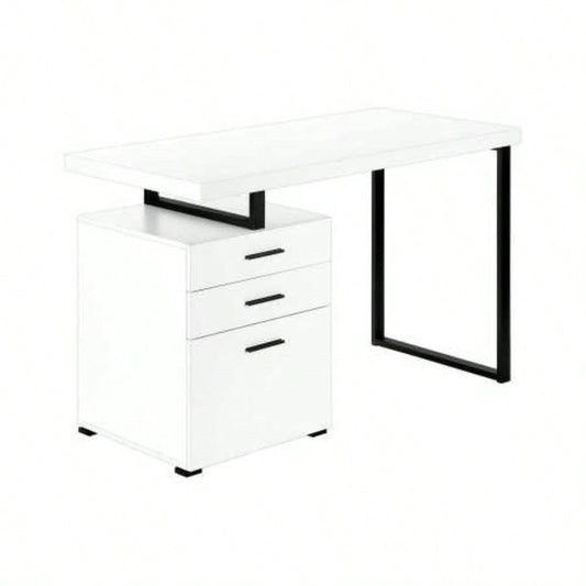 Computer Desk, Home Office, Laptop, Left, Right Set - up, Storage Drawers, 48l, Work, White Laminate, Black Metal, Contemporary, Modern