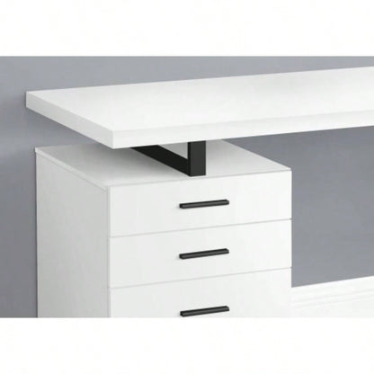 Computer Desk, Home Office, Laptop, Left, Right Set - up, Storage Drawers, 48l, Work, White Laminate, Black Metal, Contemporary, Modern